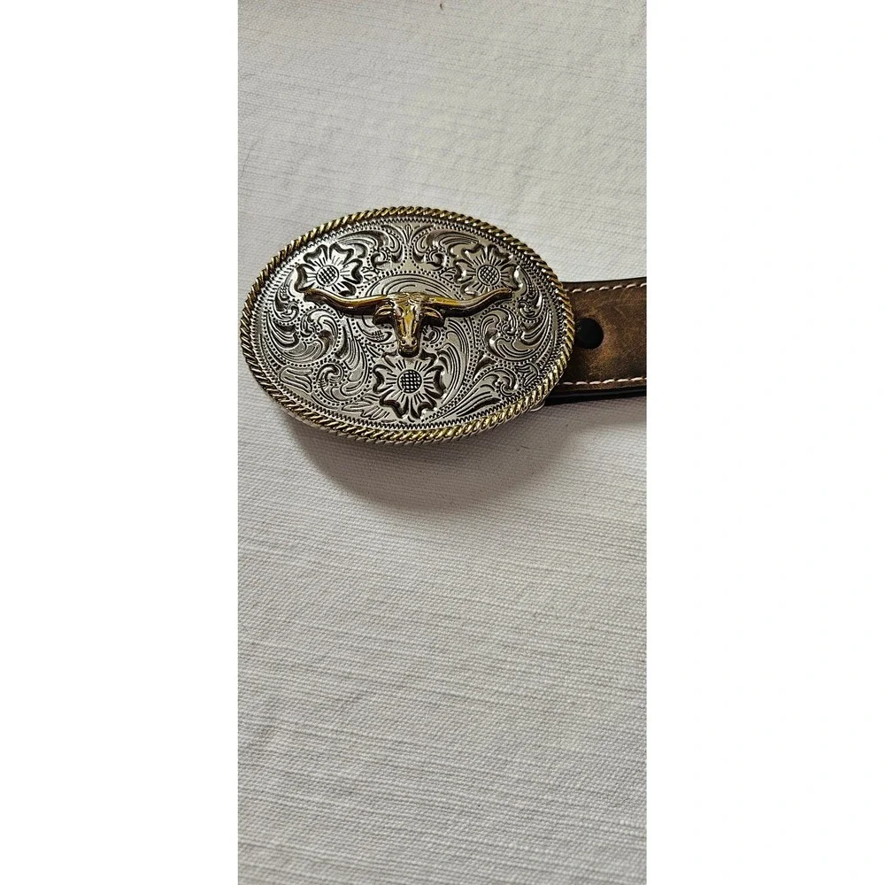 Cavenders M&F Western Brown Leather Belt Silver Gold Longhorn Trophy Buckle 28